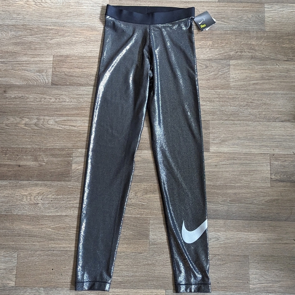NWT Nike Pro Training Shimmer Metallic Black Silver Leggings Size Small - Picture 3 of 9